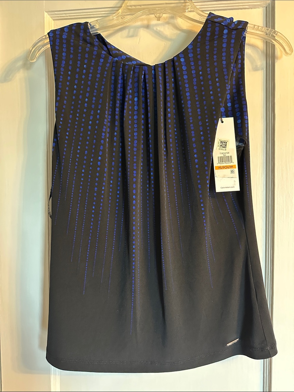 Calvin Klein Black Sleeveless Top with Blue Dot Stream Pattern